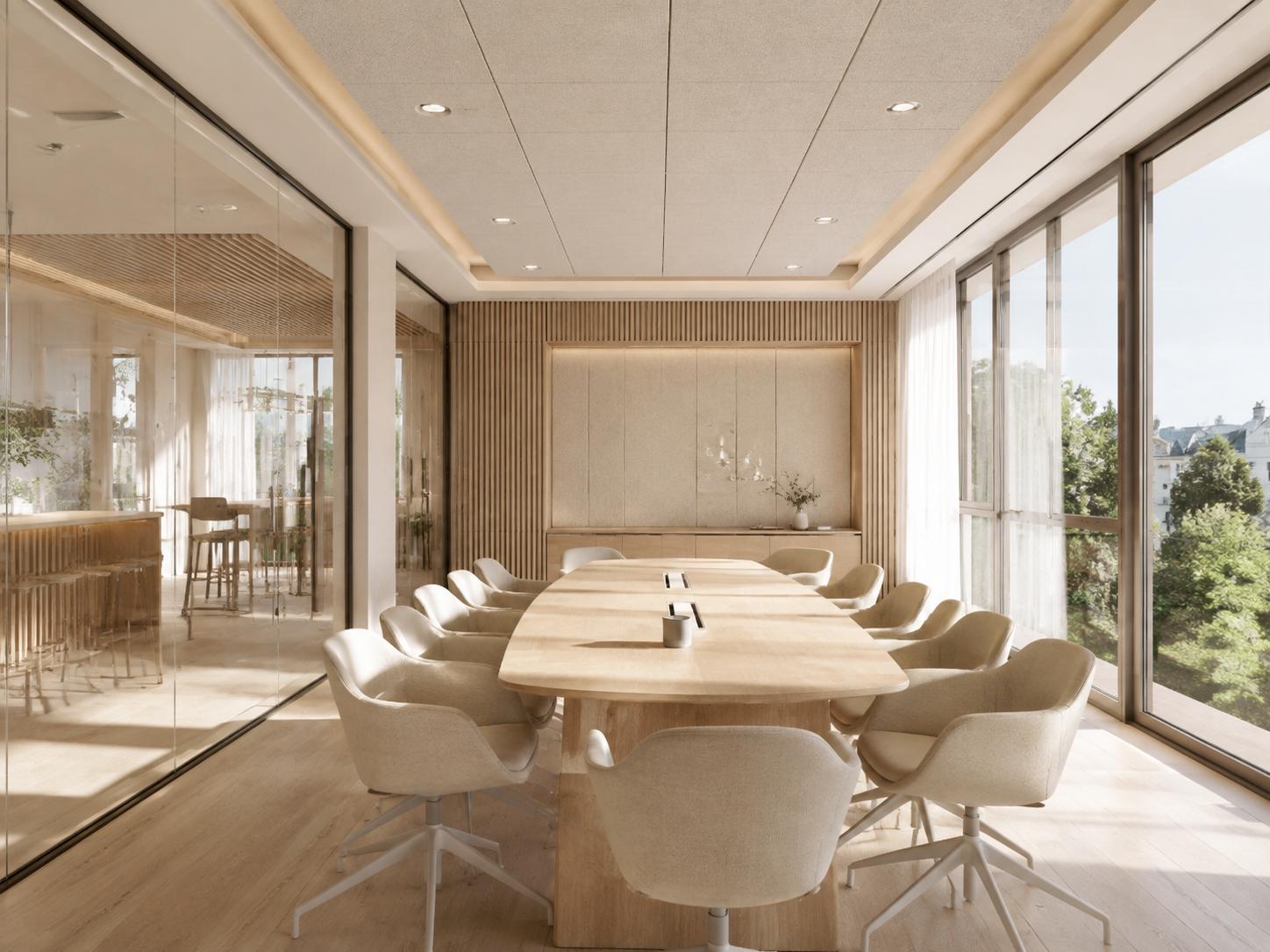 Salle de reunion commerciale avec traitement acoustique premium