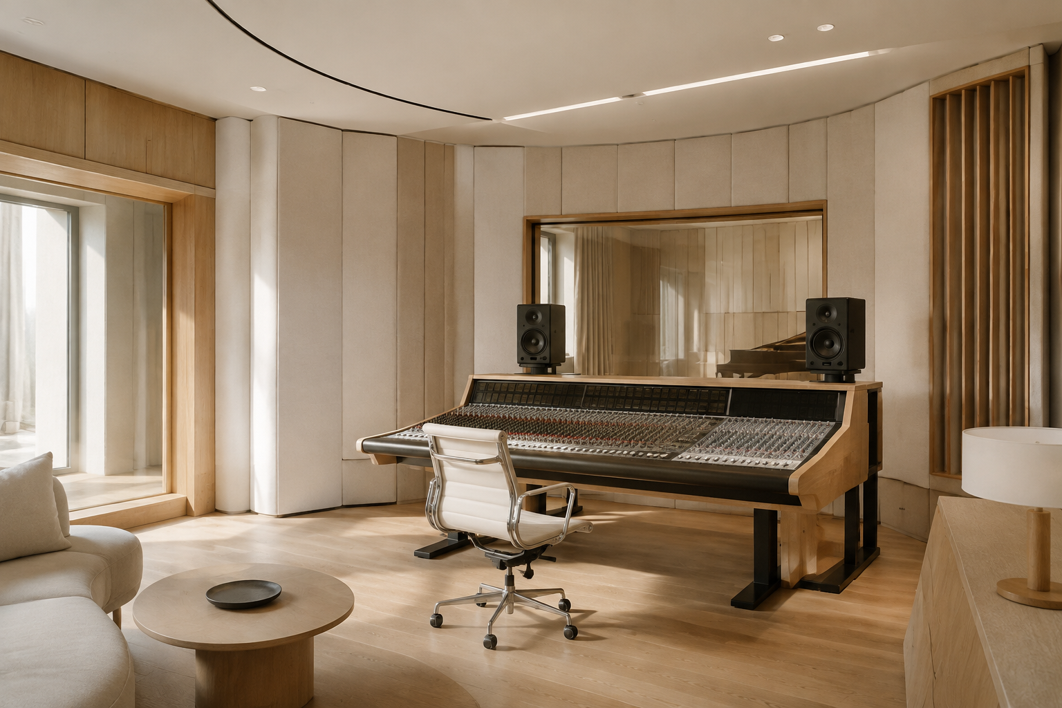 Studio DBQP avec traitement acoustique mural et poste de mixage