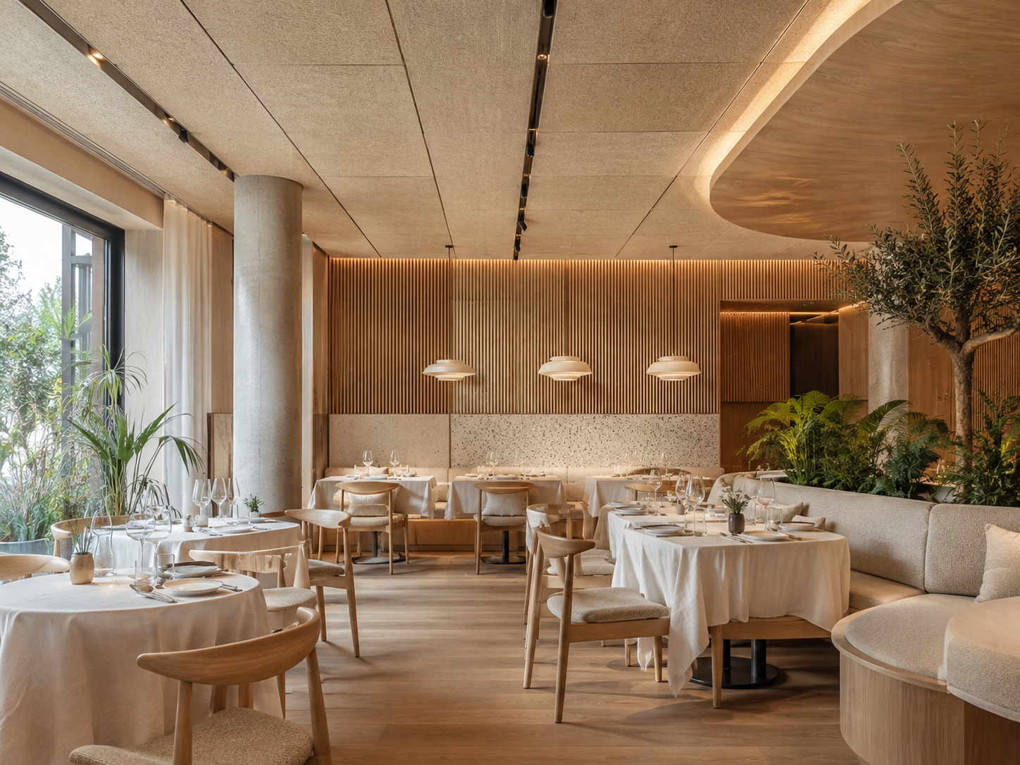 Restaurant premium avec traitement acoustique mural et plafond